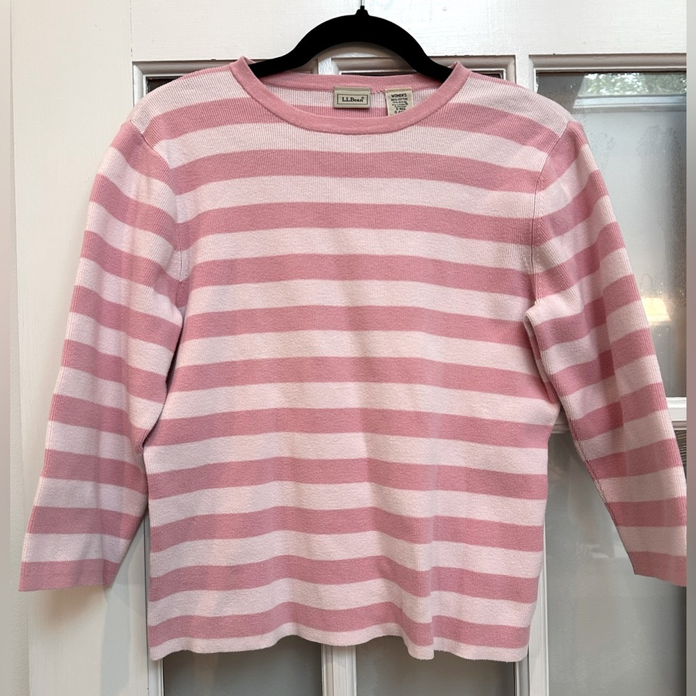 Vintage L.L Bean Dark & Light Pink Stripe Cotton Sweater Top Blouse Size Small S
